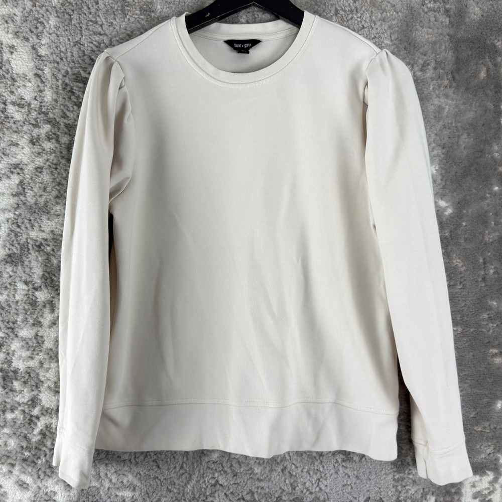 Saint + Sofia Size 4 Puff Sleeve Casual Crewneck Sweatshirt Cream Long Sleeve